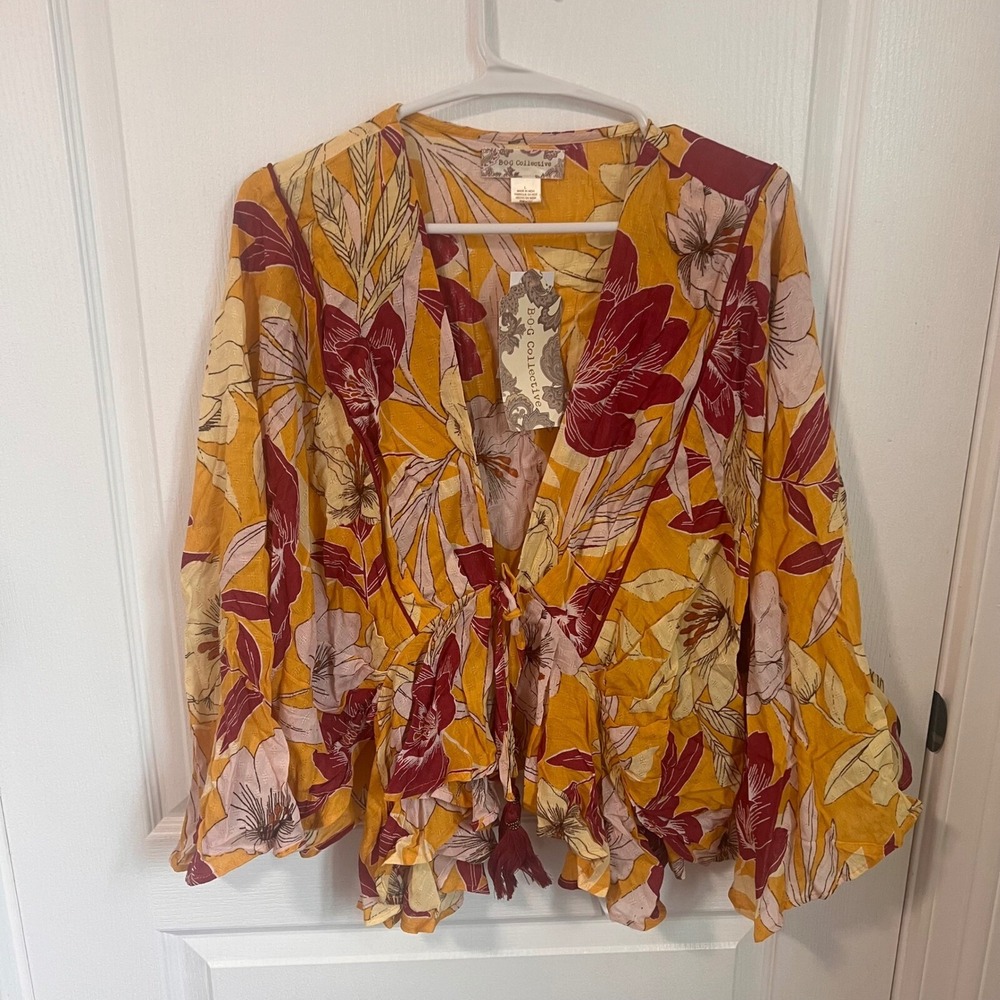 B.O.G Collective‎ Floral Blouse Tie Front Peplum Long Sleeve Top Size Large NWT - Picture 2 of 8